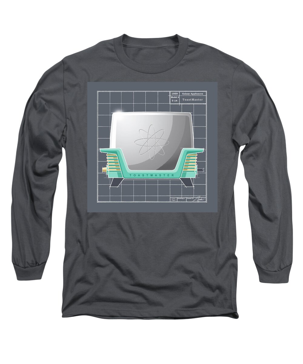 Mid Century Long Sleeve T-Shirt featuring the drawing ToastMaster - aqua by Larry Hunter