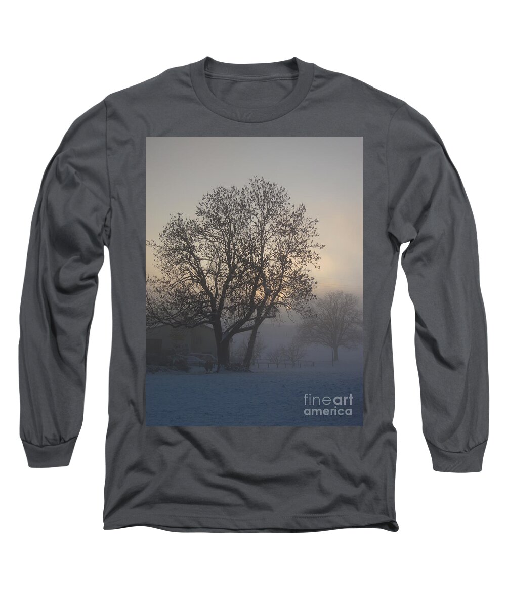 Tree Long Sleeve T-Shirt featuring the photograph Tree in the foggy winter landscape by Amanda Mohler
