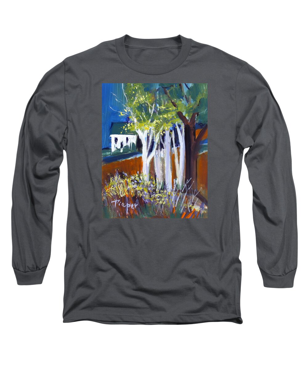 White Farm House Long Sleeve T-Shirt featuring the painting Trees and White Farm House by Betty Pieper