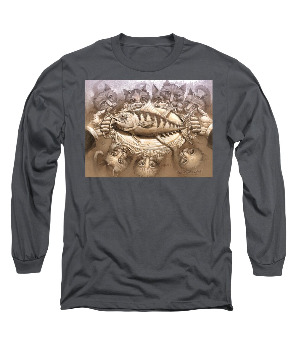 Cat Print Long Sleeve T-Shirt featuring the painting Tuna on a silver platter by Jeff Haynie