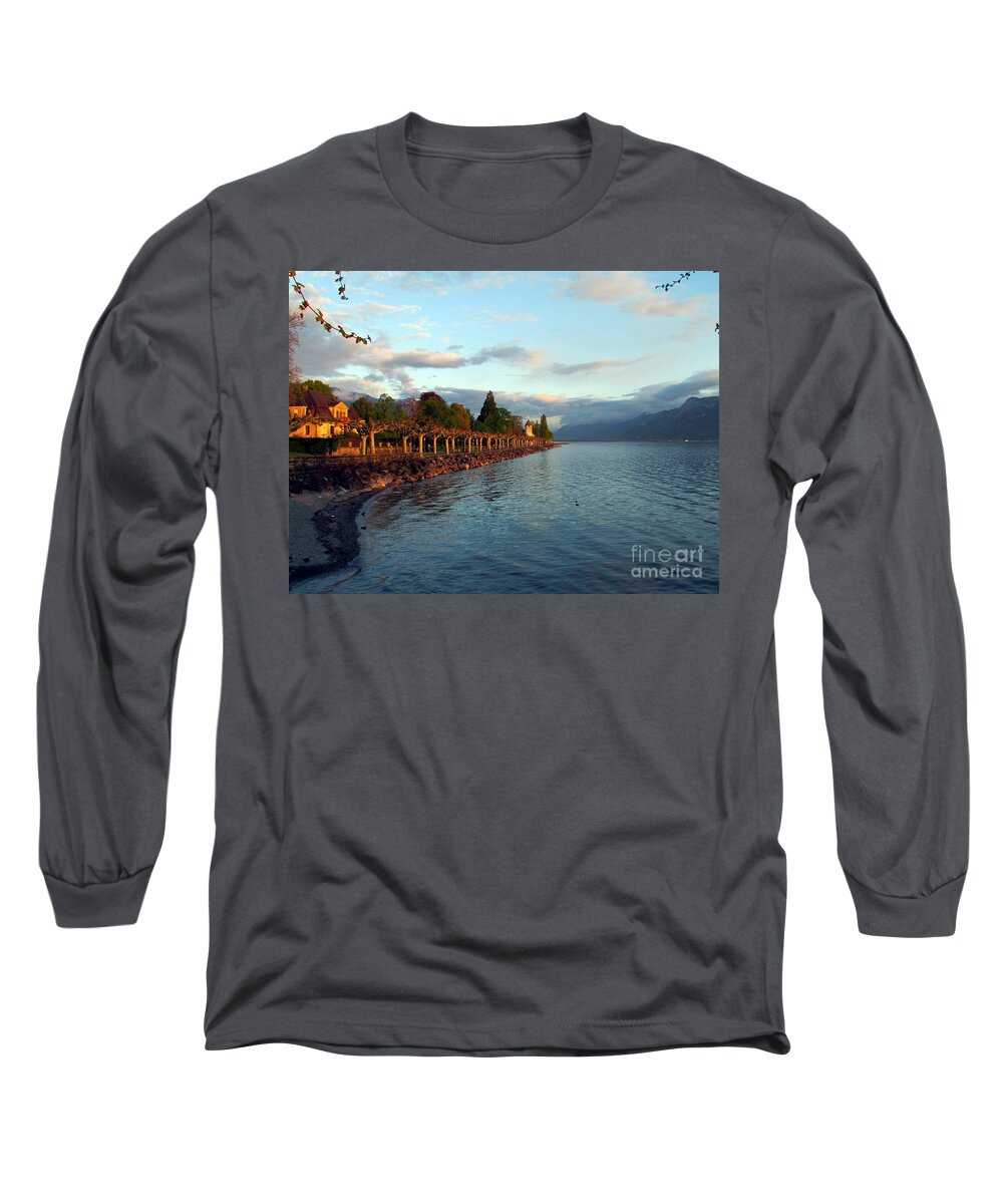 Lake Geneva Long Sleeve T-Shirt featuring the photograph Twilight in Vevey by Lynellen Nielsen