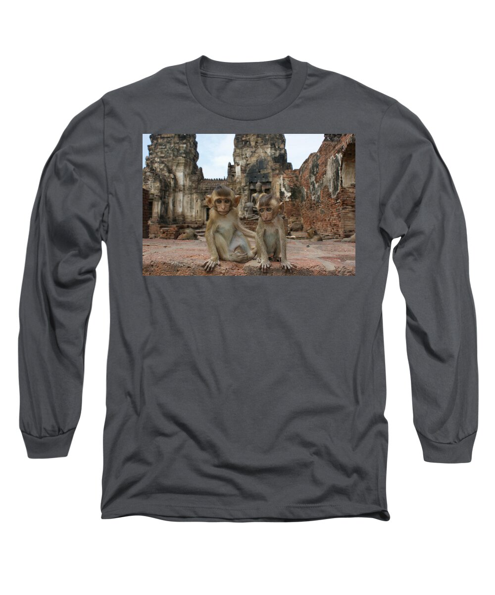 Young Animal Long Sleeve T-Shirt featuring the photograph Two baby Macaques by Brian Kamprath