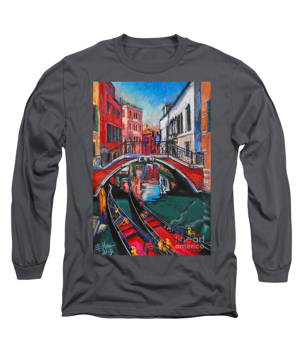 Two Gondolas In Venice Long Sleeve T-Shirt featuring the painting Two Gondolas In Venice by Mona Edulesco