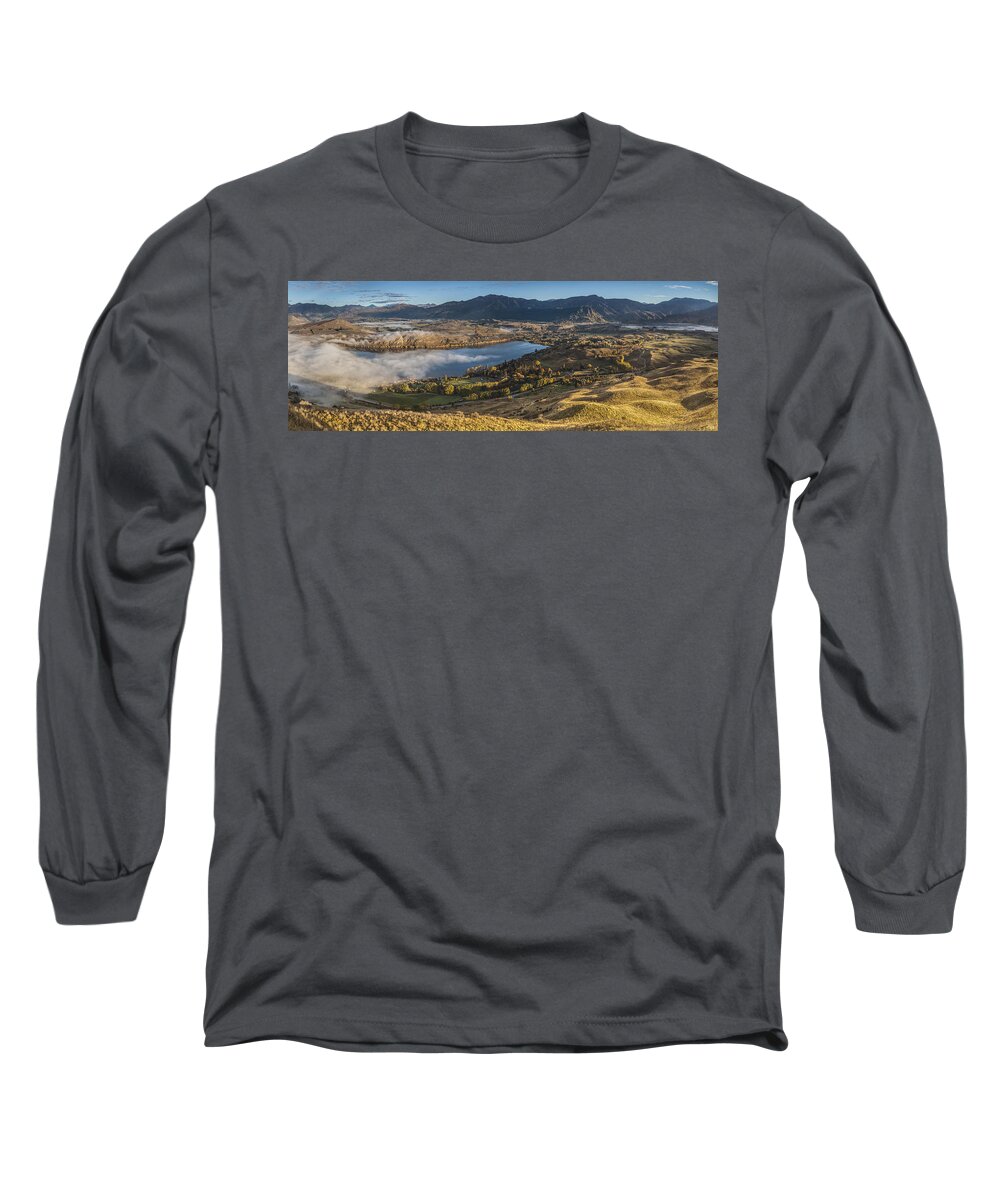 colin Monteath Hedgehog House Long Sleeve T-Shirt featuring the photograph Valley And Lake At Dawn Arrowtown Otago by Colin Monteath, Hedgehog House