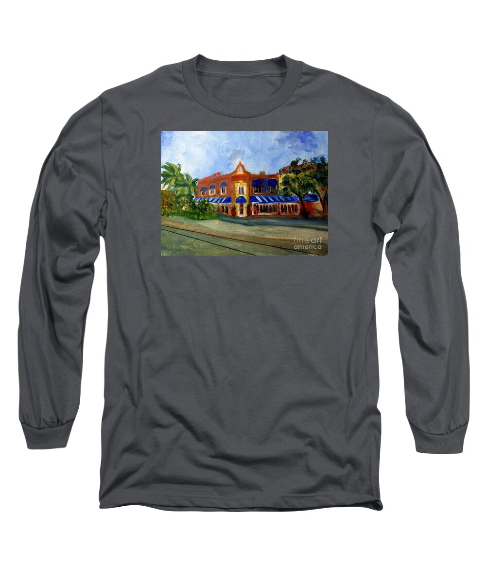 America Long Sleeve T-Shirt featuring the painting Vic and Angelos in Downtown Delray Beach by Donna Walsh
