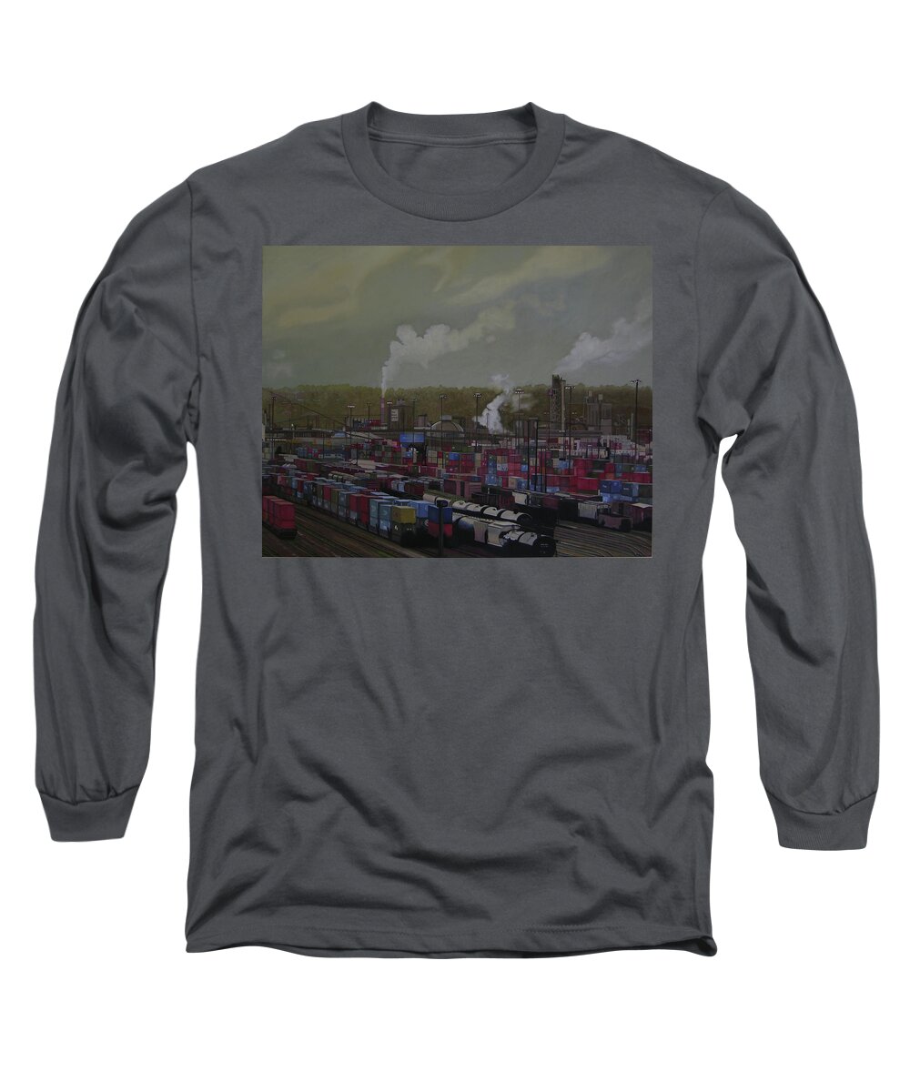 Industrial Landscape Long Sleeve T-Shirt featuring the painting View from Viaduct by Thu Nguyen