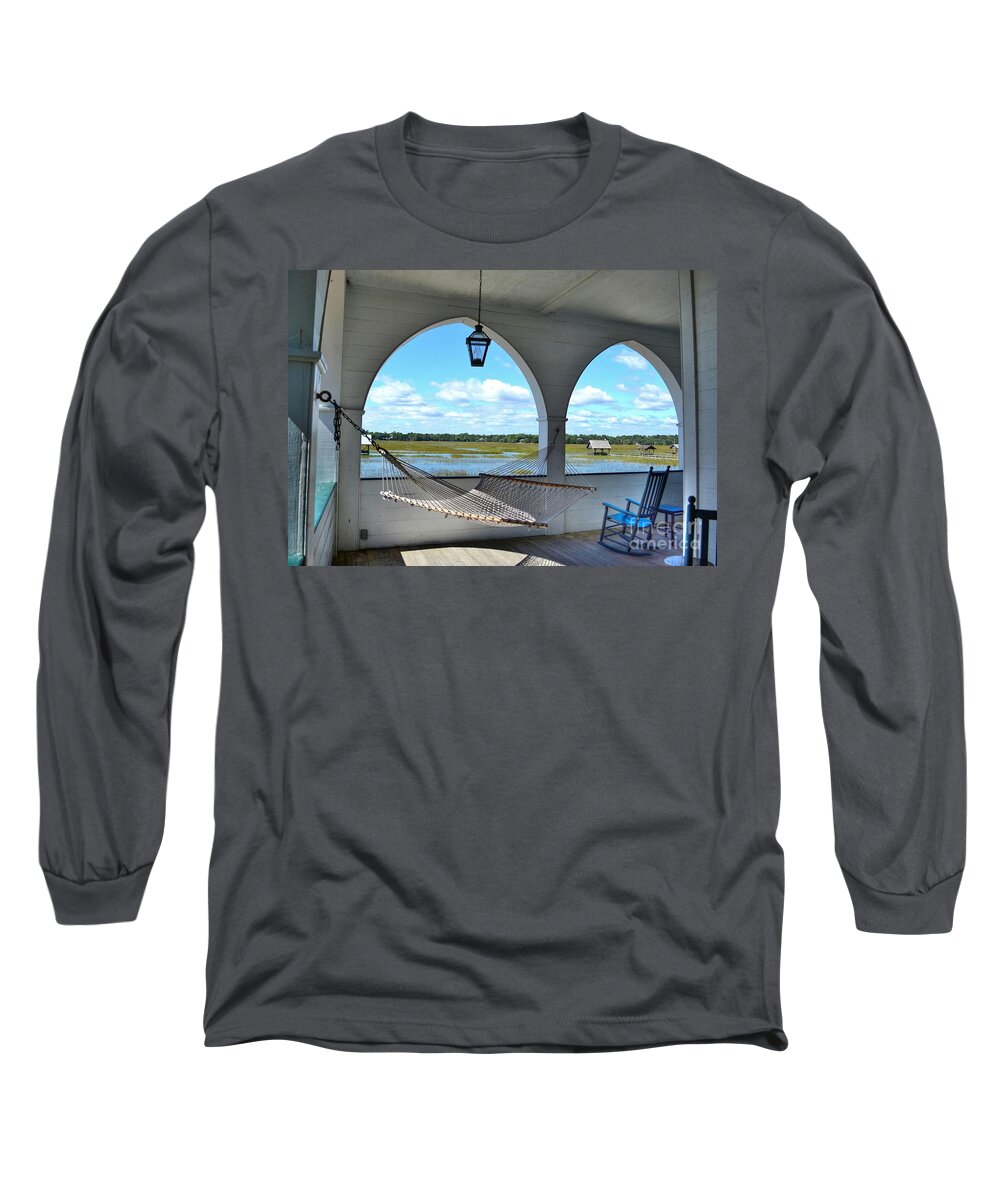 Scenic Long Sleeve T-Shirt featuring the photograph View Of The Marsh From The Pelican Inn by Kathy Baccari