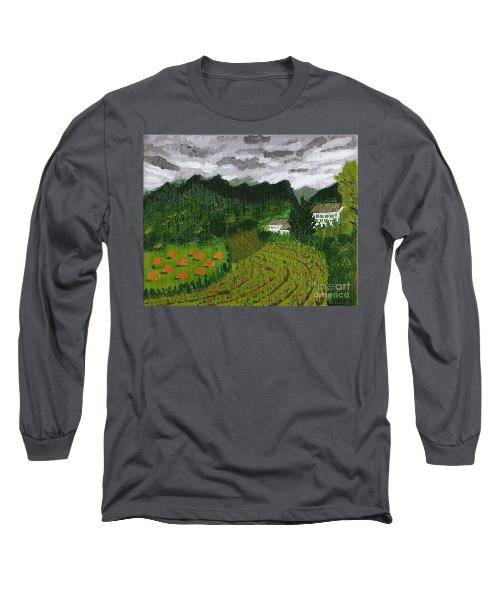 Rural Long Sleeve T-Shirt featuring the painting Vineyard and Haystacks Under Stormy Sky by Vicki Maheu
