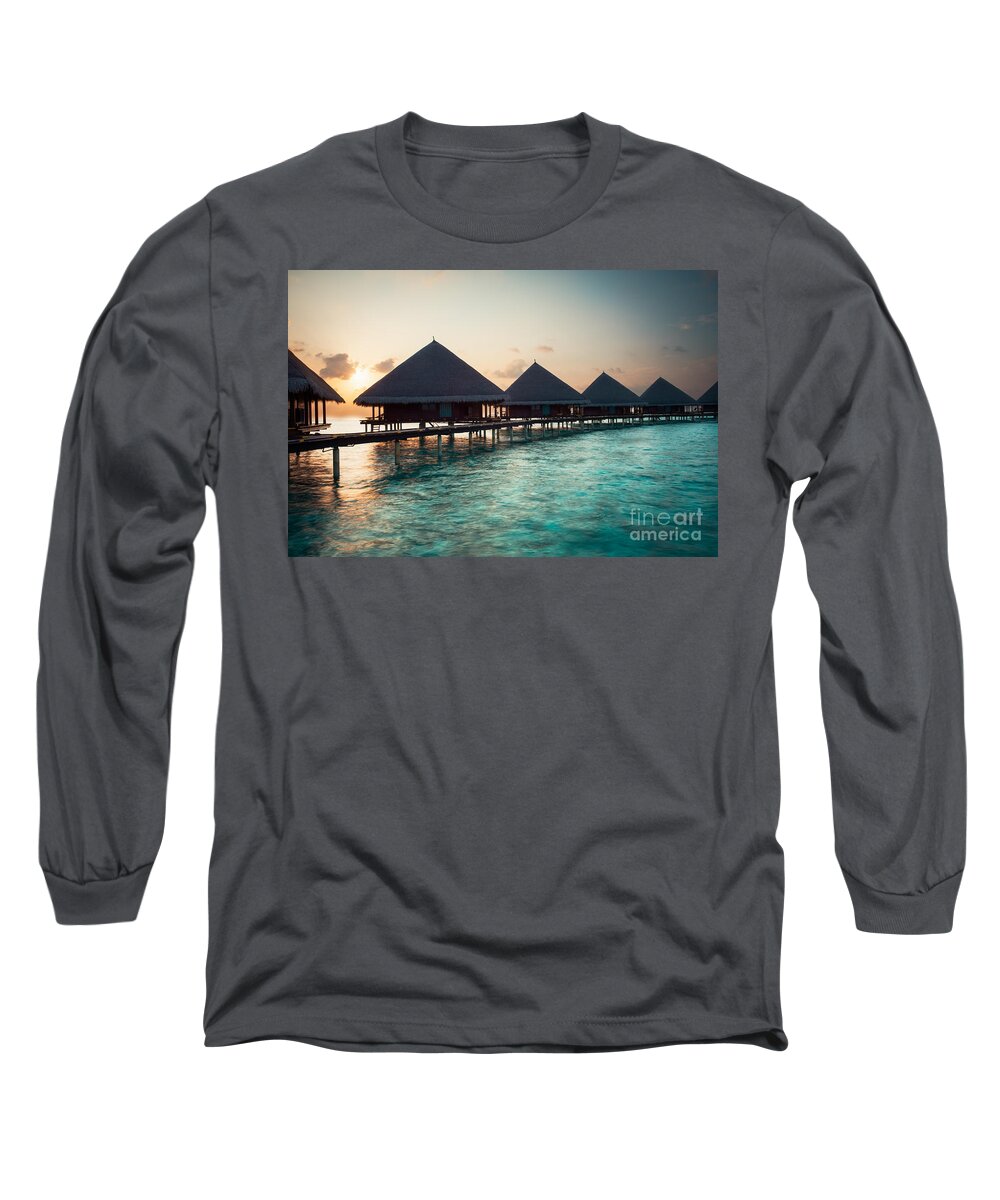 Amazing Long Sleeve T-Shirt featuring the photograph Waterbungalows At Sunset by Hannes Cmarits