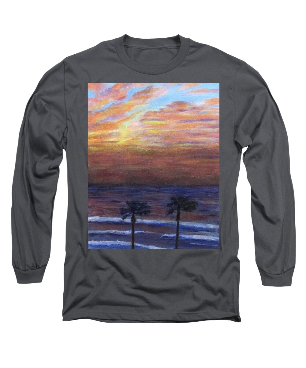 Landscape Long Sleeve T-Shirt featuring the painting Winter Sunset in Netanya by Linda Feinberg