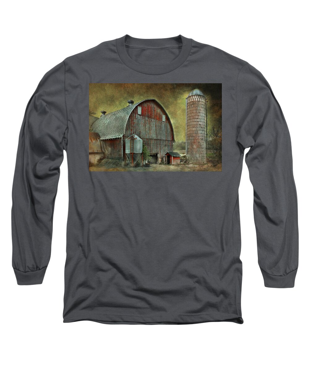 Wisconsin; Barns; Wisconsin Barns; Crib Barn; Cows; Pasture; Landscape; Digital Landscape; Jeff Burgess; Imagesfx; Jeff Burgess Photography; Vacation; Cattle; Midwest; United States Midwest; Trees; Metal; Roof; Red; Red Barn Long Sleeve T-Shirt featuring the photograph Wisconsin Barn - Series by Jeff Burgess