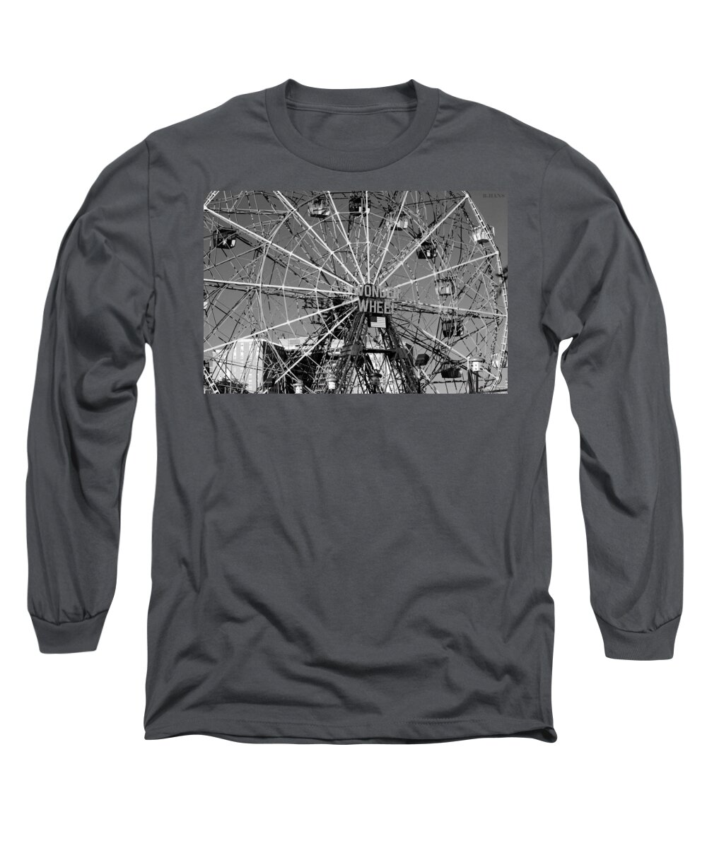 Brooklyn Long Sleeve T-Shirt featuring the photograph WONDER WHEEL of CONEY ISLAND in BLACK AND WHITE by Rob Hans