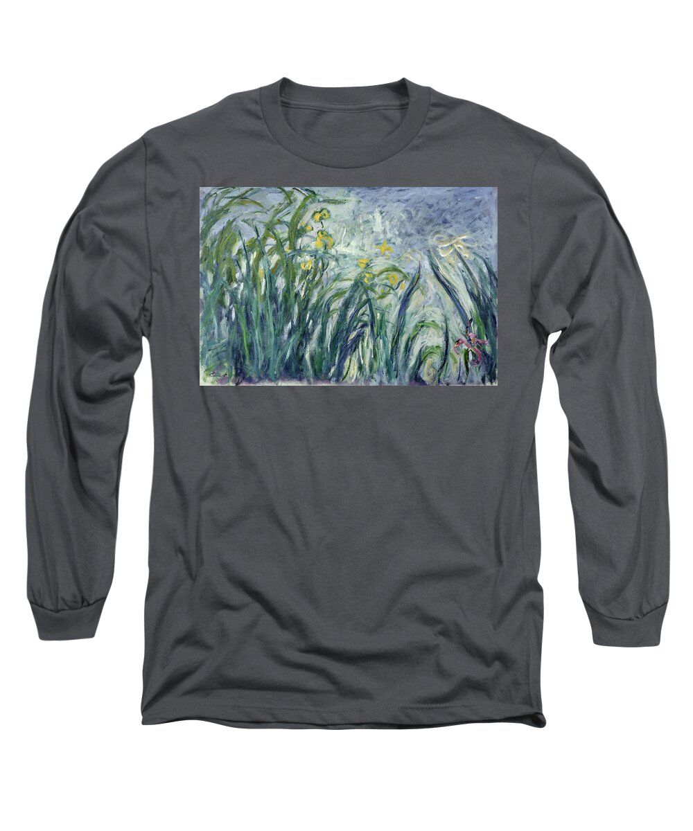 Iris Long Sleeve T-Shirt featuring the painting Yellow And Purple Irises, 1924-25 by Claude Monet