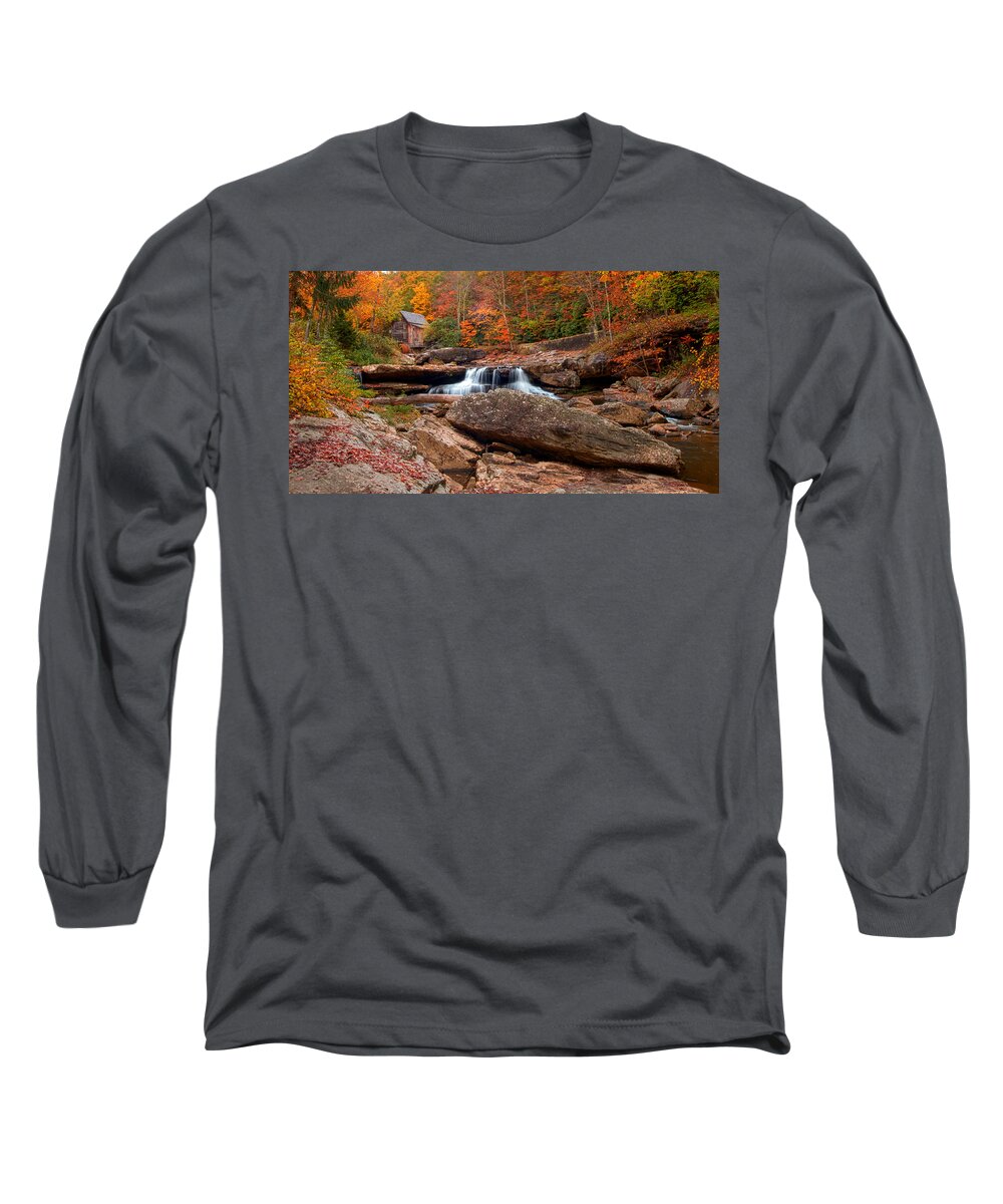 Glade Creek Long Sleeve T-Shirt featuring the photograph autumn leaves at the Mill by Randall Branham