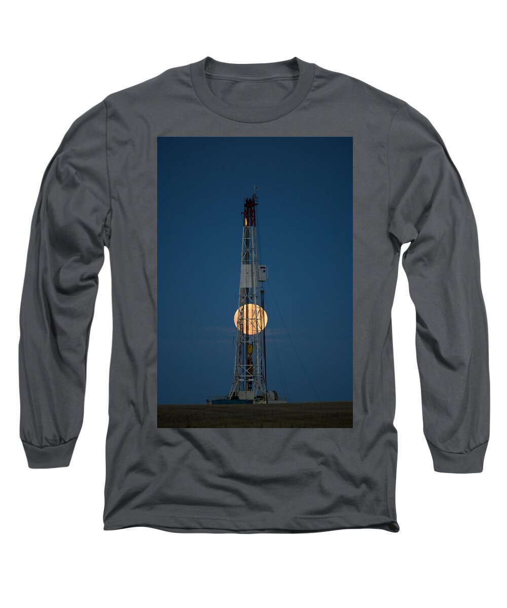 Rig Long Sleeve T-Shirt featuring the photograph Night Shot Drilling Rig #1 by Mark Duffy