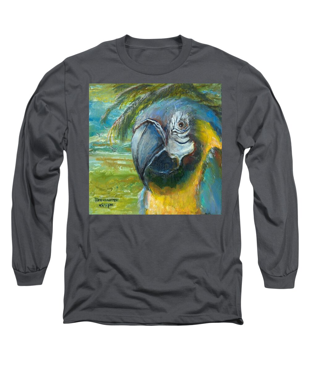 Blue Gold Macaw Long Sleeve T-Shirt featuring the painting Blue and Gold Macaw by the Sea by Bernadette Krupa