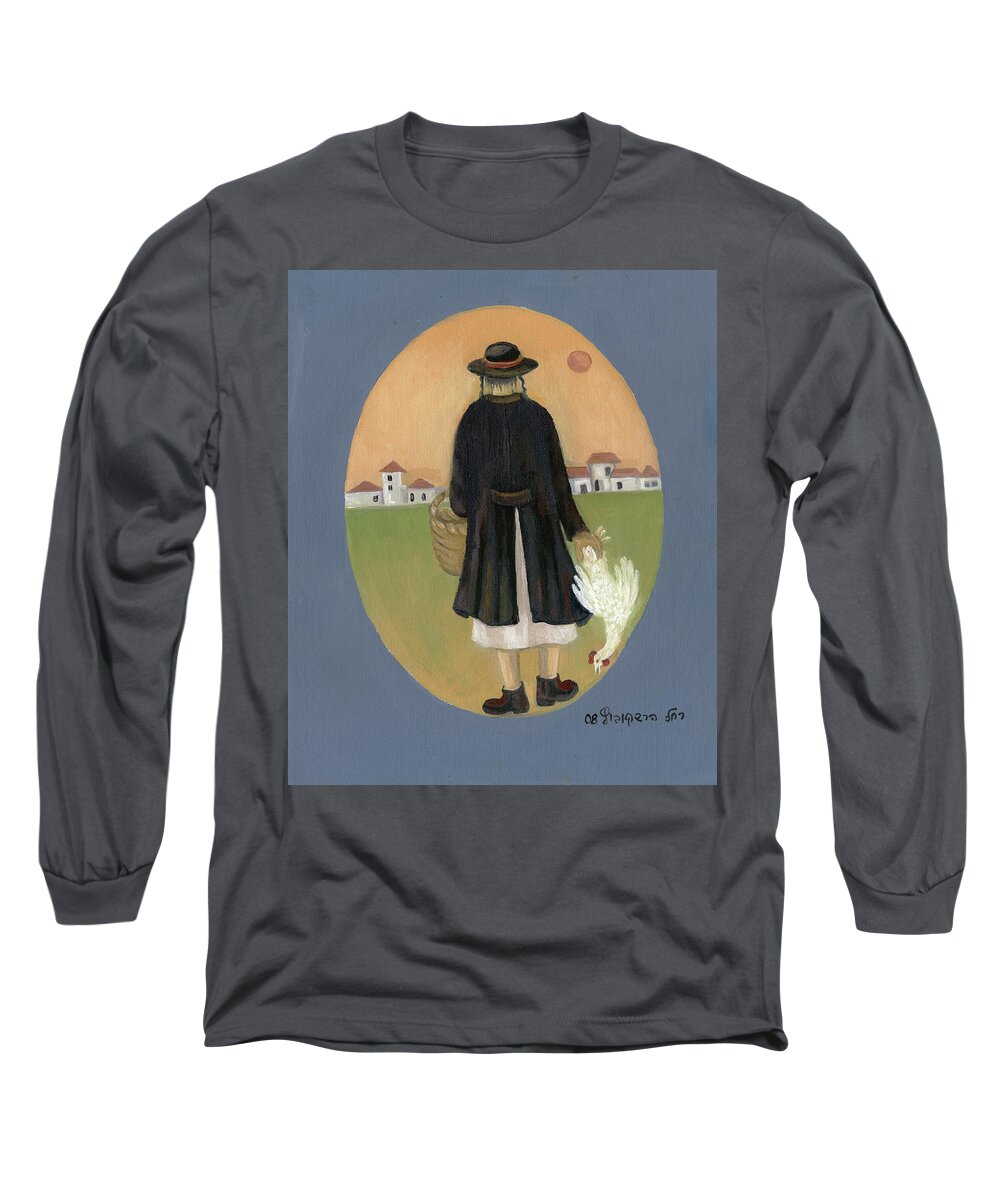 Caparot Long Sleeve T-Shirt featuring the painting Caparot rooster hasid back view jewish religious in blue yellow black green by Rachel Hershkovitz
