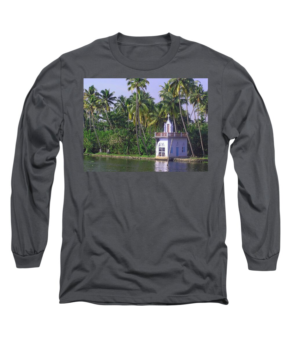 Church Long Sleeve T-Shirt featuring the photograph Church located on a coastal lagoon in Kerala in India by Ashish Agarwal