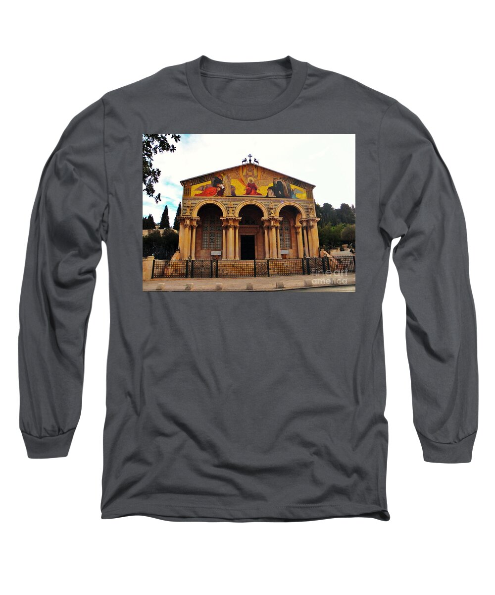 Upon The Mount Of Olives Sits The Church Of All Nations That Covers The Shrine That Jesus Is Said To Have Knelt Upon In The Garden Of Gethsemane Long Sleeve T-Shirt featuring the photograph Church of All Nations by Robin Coaker