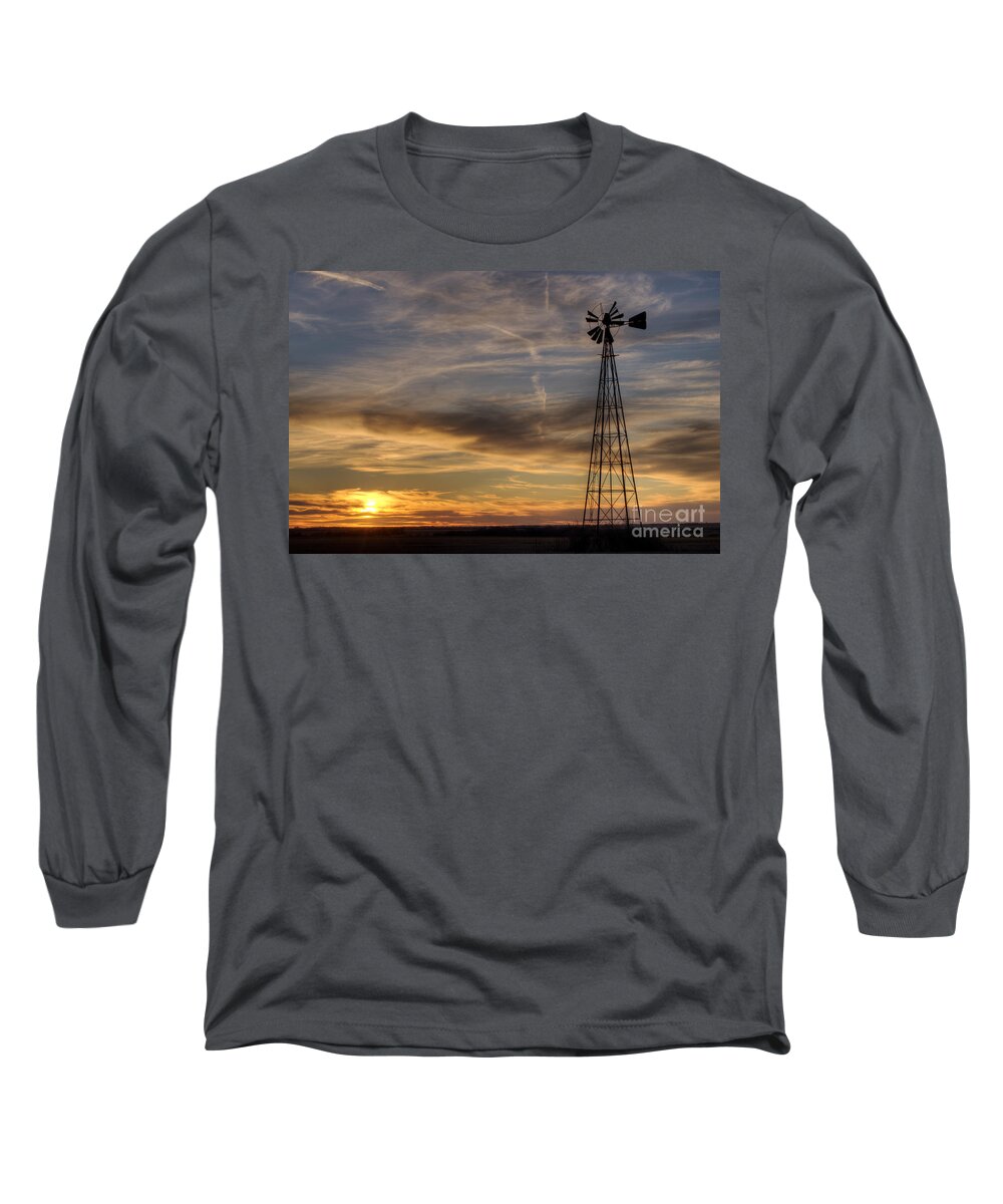 Old Windmill Long Sleeve T-Shirt featuring the photograph Dark Sunset with Windmill by Art Whitton