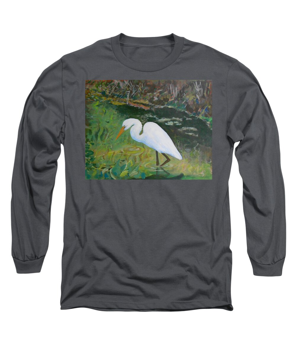 Paintings Long Sleeve T-Shirt featuring the painting Egret Hunting by Daniel Gale