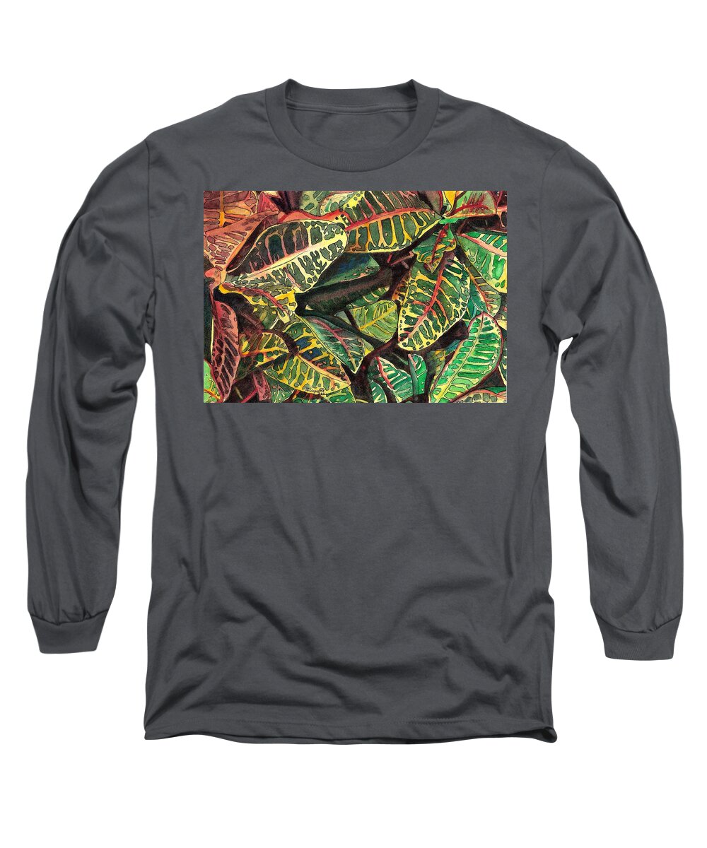 Croton Long Sleeve T-Shirt featuring the painting Elena's Crotons by Marionette Taboniar