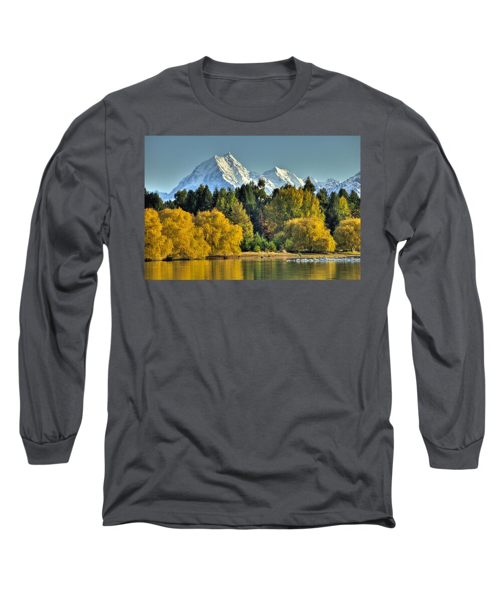 00462458 Long Sleeve T-Shirt featuring the photograph Fall Willow And Cottonwoods At Lake by Colin Monteath