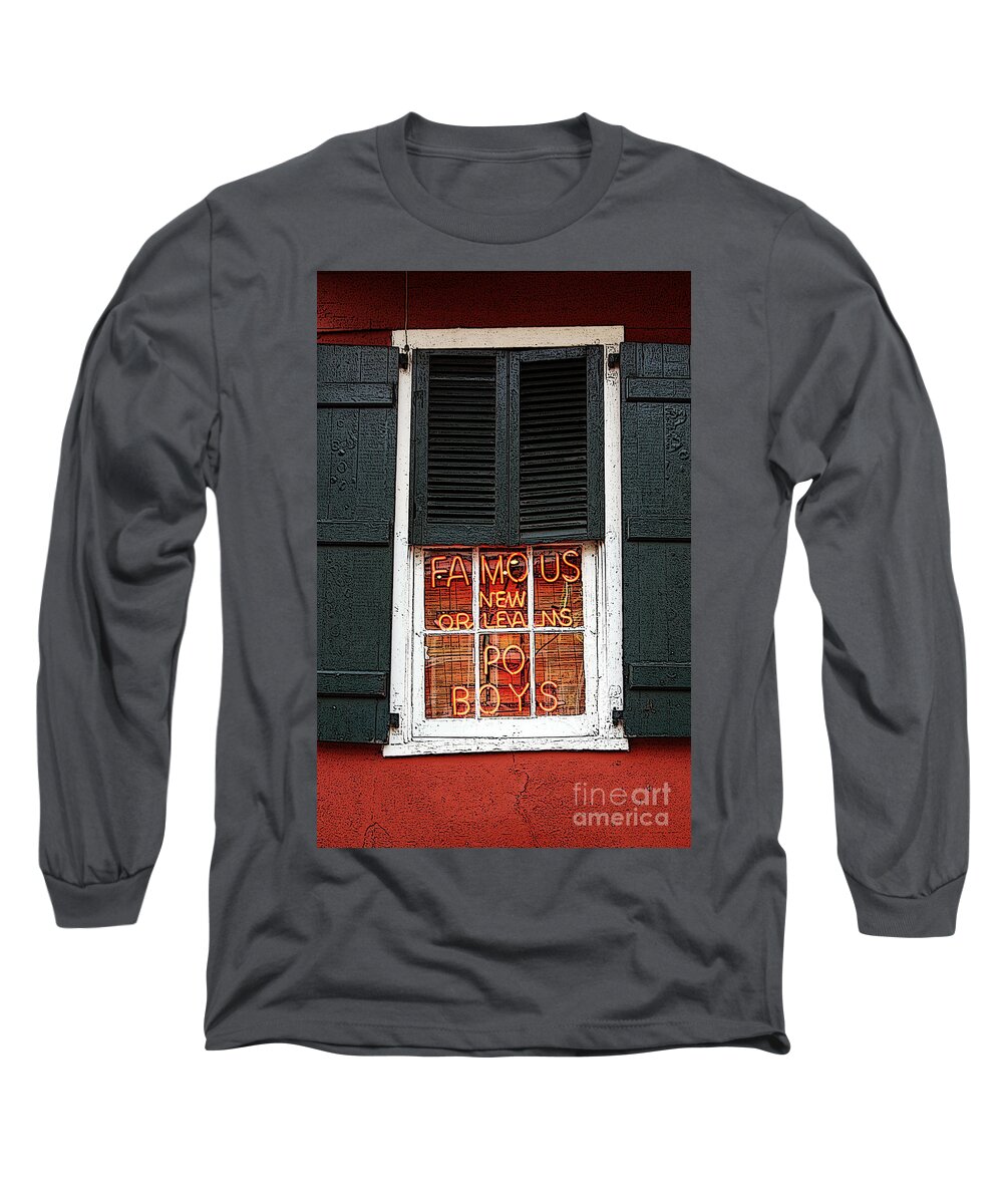 Travelpixpro New Orleans Long Sleeve T-Shirt featuring the digital art Famous New Orleans PO BOYS Red Neon Window Sign Poster Edges Digital Art by Shawn O'Brien