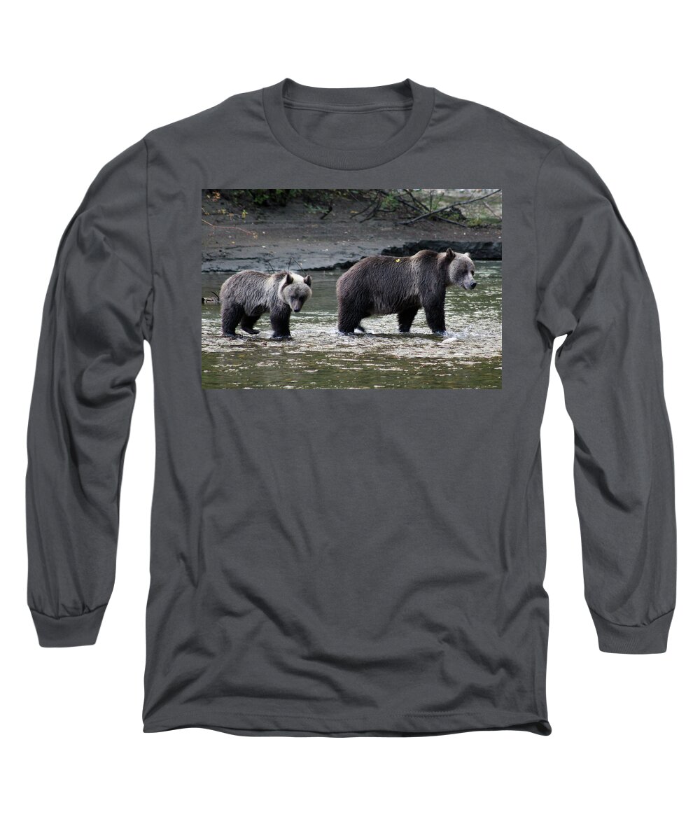 Grizzly Long Sleeve T-Shirt featuring the photograph Fishing Lessons by Cathie Douglas
