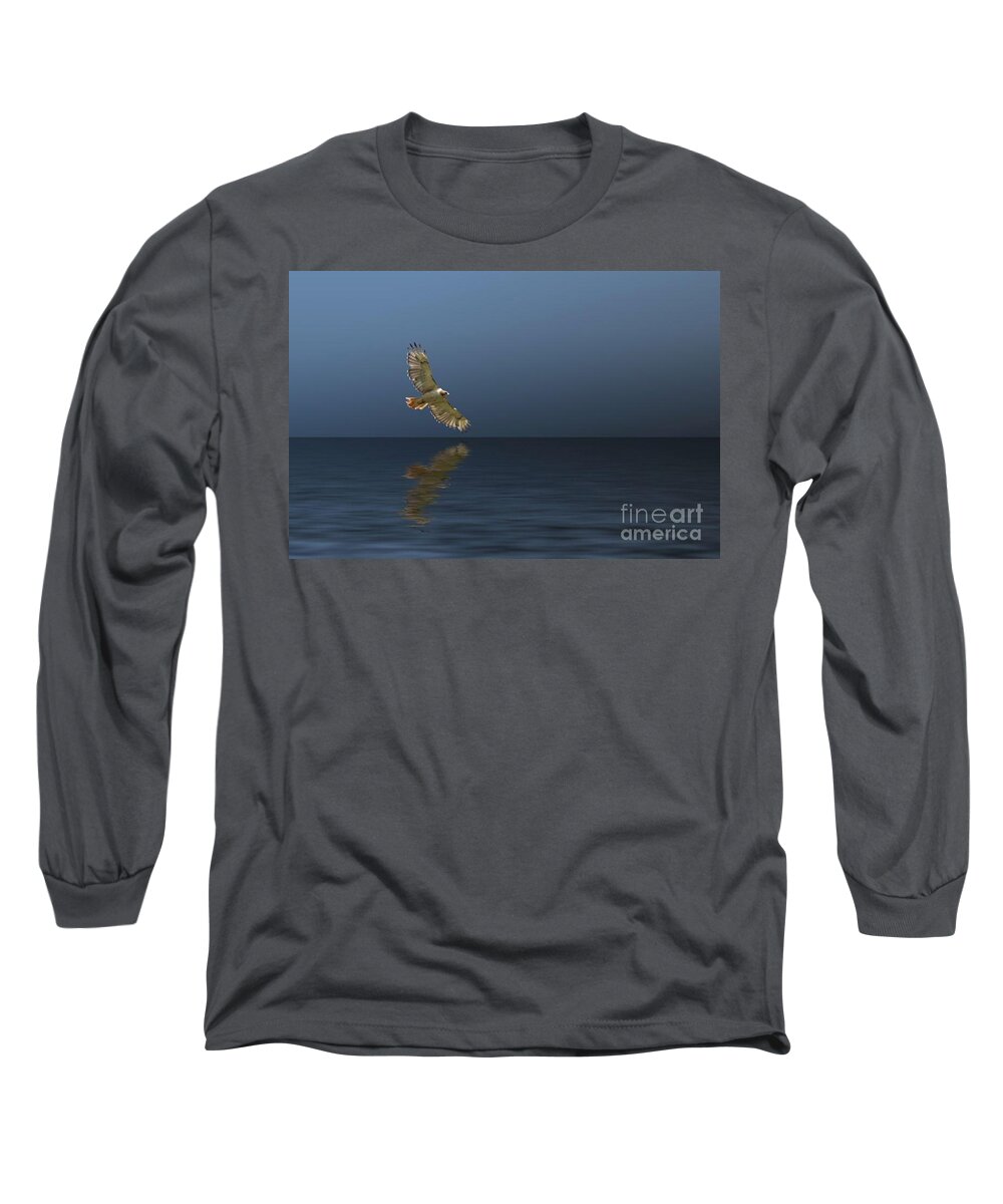 Red-tailed Long Sleeve T-Shirt featuring the photograph Hawk Soaring Over Water by Pete Klinger