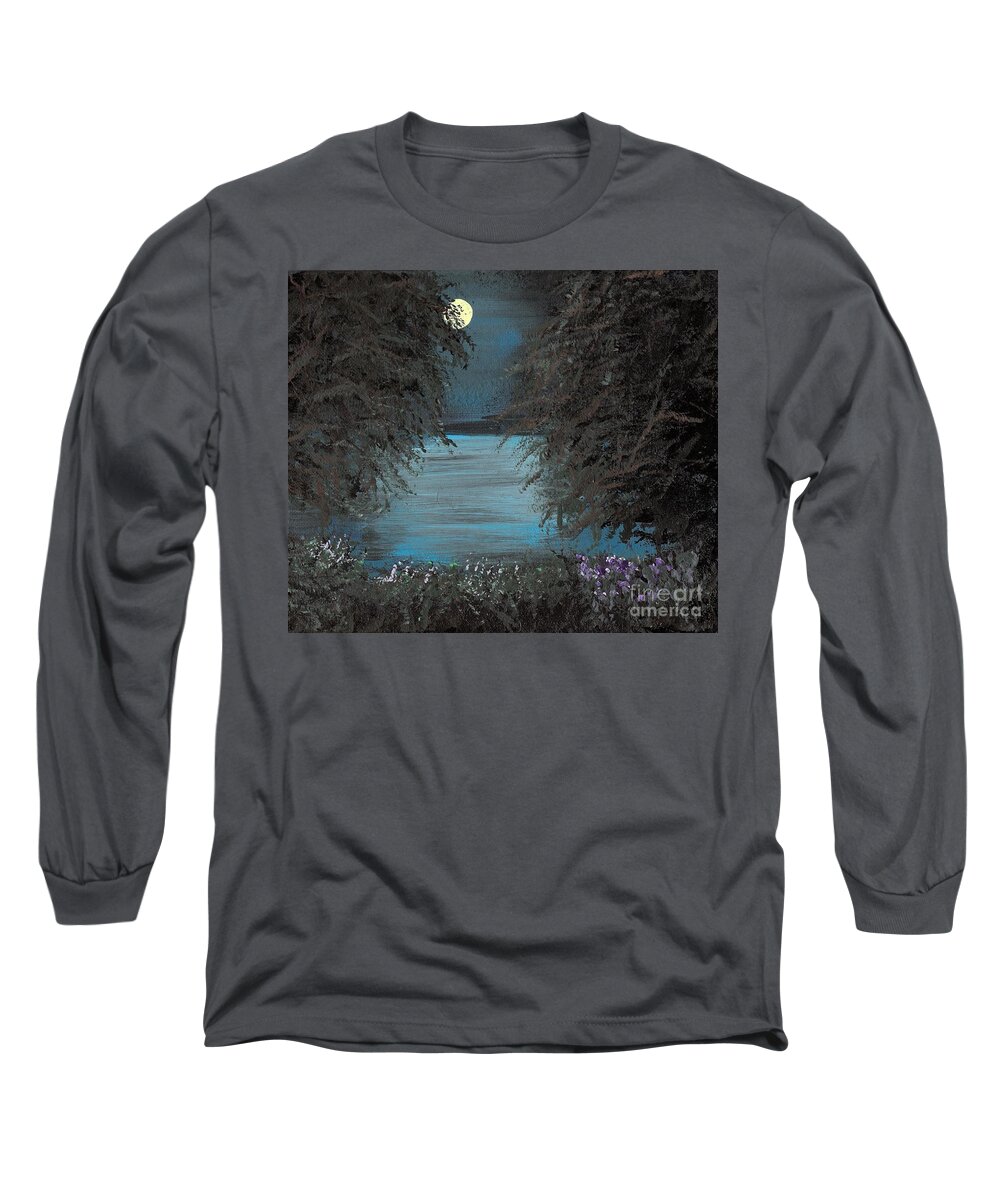 Landscape Long Sleeve T-Shirt featuring the painting Night In The Bayou by Alys Caviness-Gober