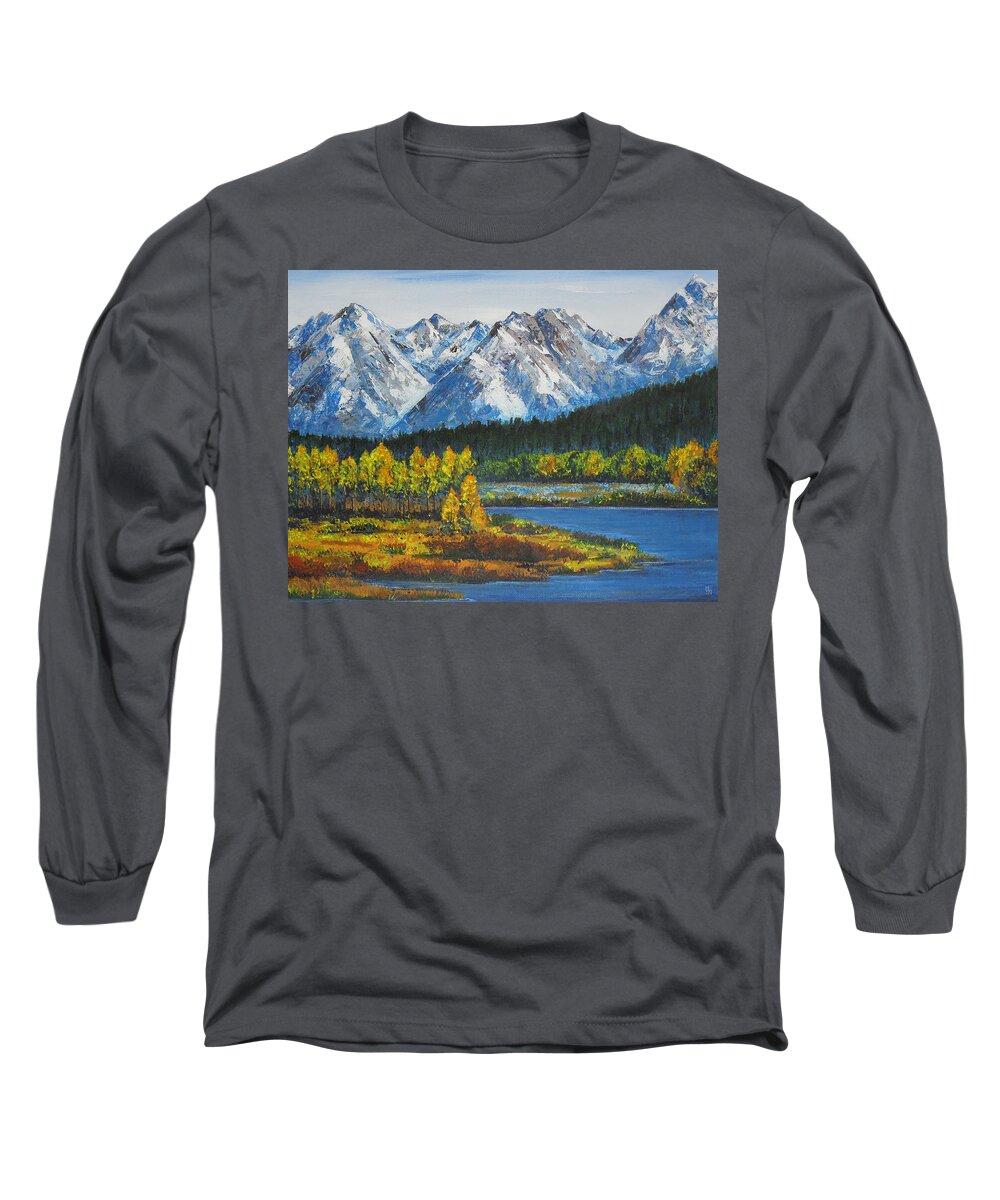 Autumn Long Sleeve T-Shirt featuring the painting Oxbow-Grand Tetons by Shirley Heyn