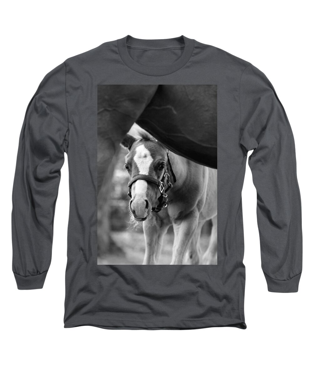 Horse Long Sleeve T-Shirt featuring the photograph Peek'a Boo - Black and White by Angela Rath