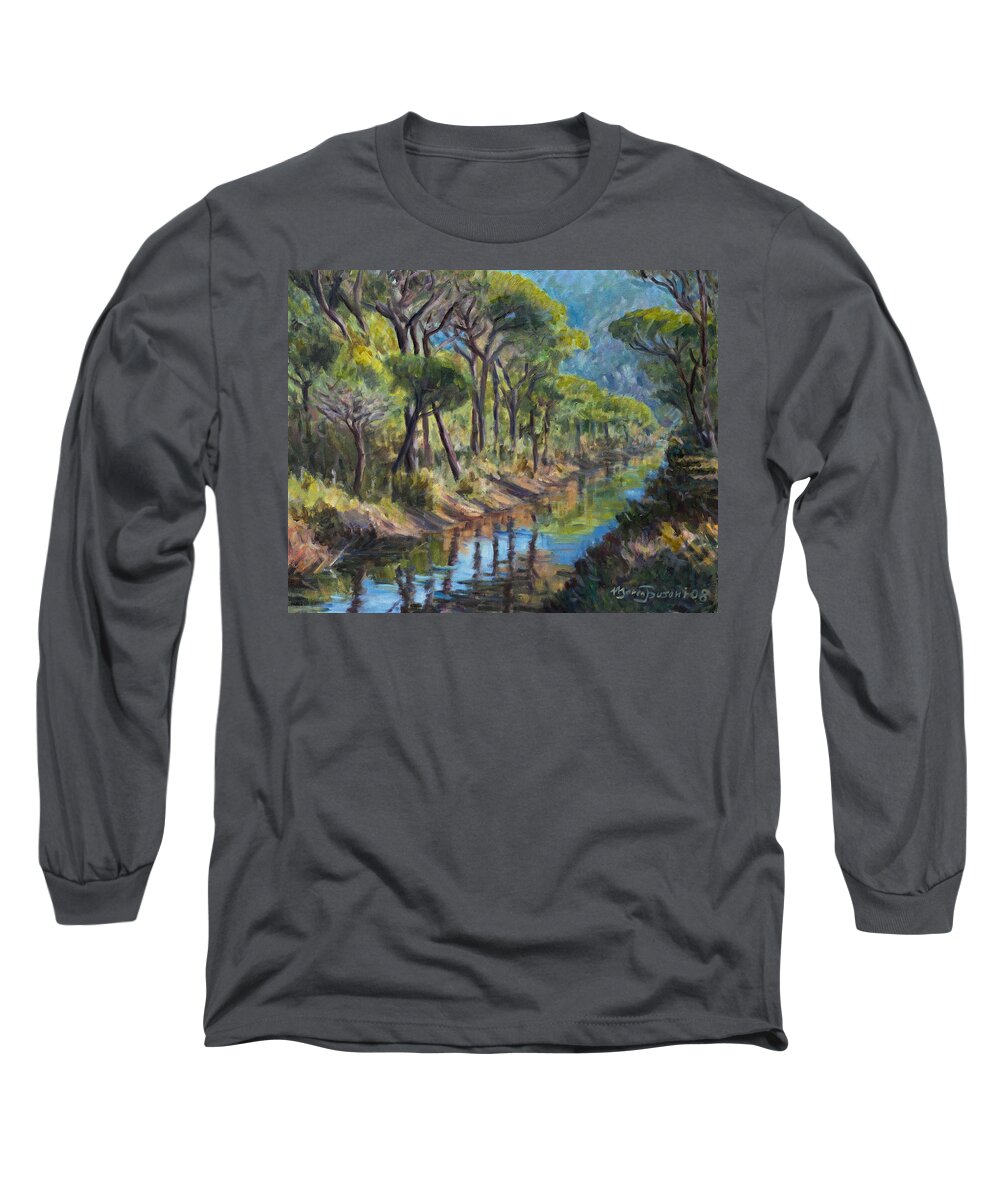 Pine Tree Mediterranean Wood Tuscany Maremma Canal Italy Long Sleeve T-Shirt featuring the painting Pine Wood Reflections by Marco Busoni