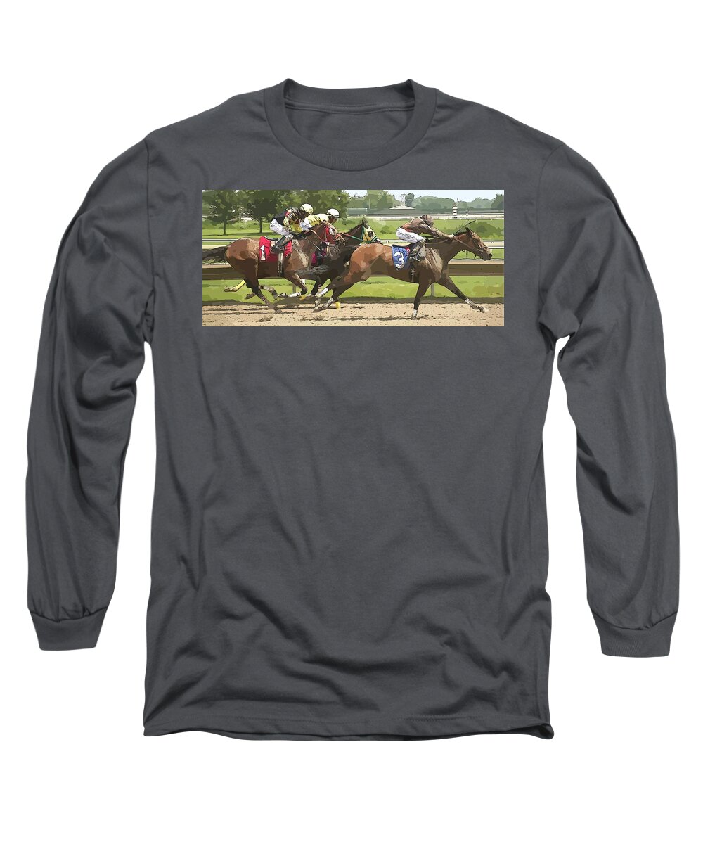 Jockeys Racers Racetrack Horses Thorobreds Long Sleeve T-Shirt featuring the photograph Racetrack Views by Alice Gipson