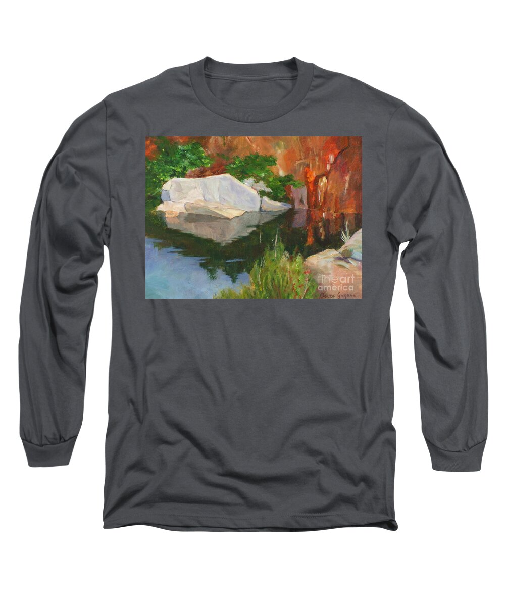 Blue Long Sleeve T-Shirt featuring the painting Rockport Quarry Reflection by Claire Gagnon