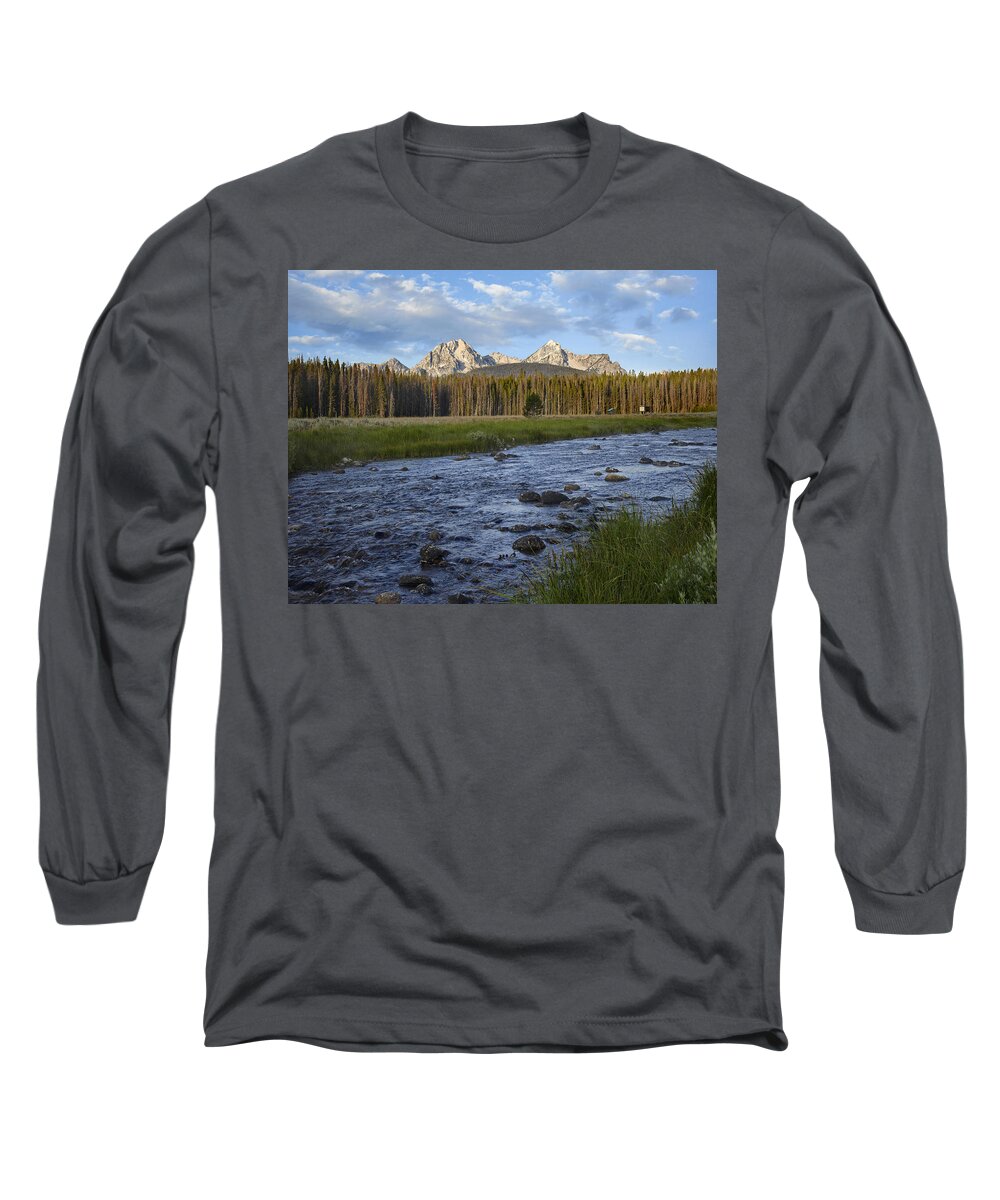 00437800 Long Sleeve T-Shirt featuring the photograph Sawtooth Range And Stanley Lake Creek by Tim Fitzharris