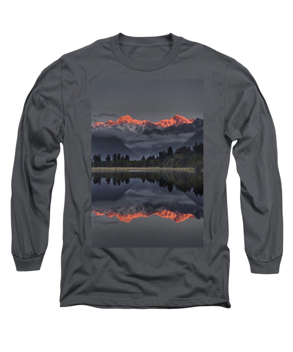 00462453 Long Sleeve T-Shirt featuring the photograph Sunset Reflection Of Lake Matheson by Colin Monteath