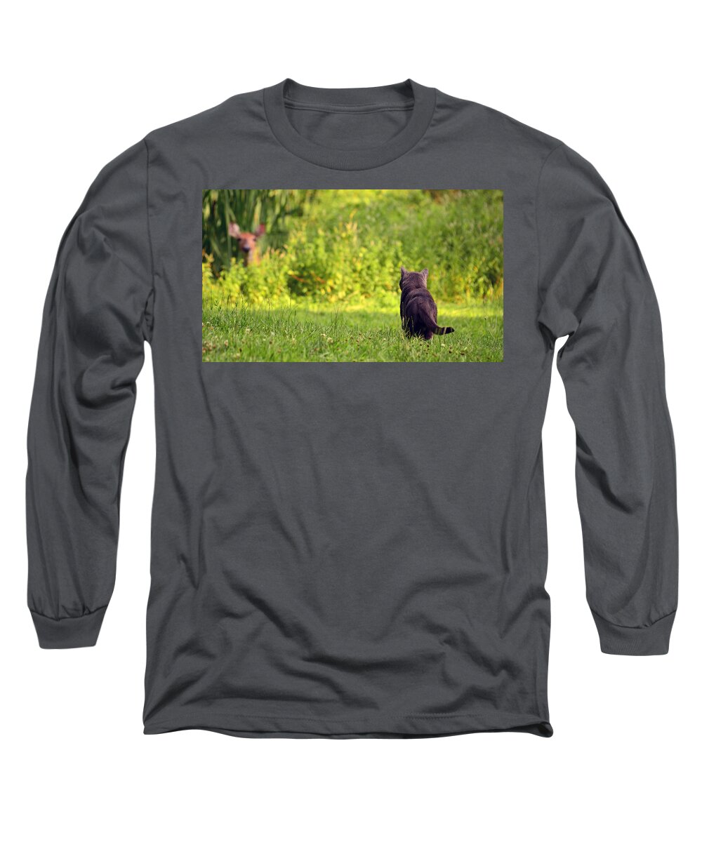 Cat Long Sleeve T-Shirt featuring the photograph The Deer Hunter by Lori Tambakis