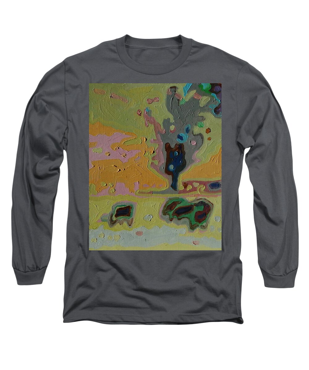 Pastoral Rural Scene With Three Cows And A Tree In Abstract Or Impressionist Style In Muted Colors Long Sleeve T-Shirt featuring the painting Three Cows and a Tree xix by Thomas Bertram POOLE