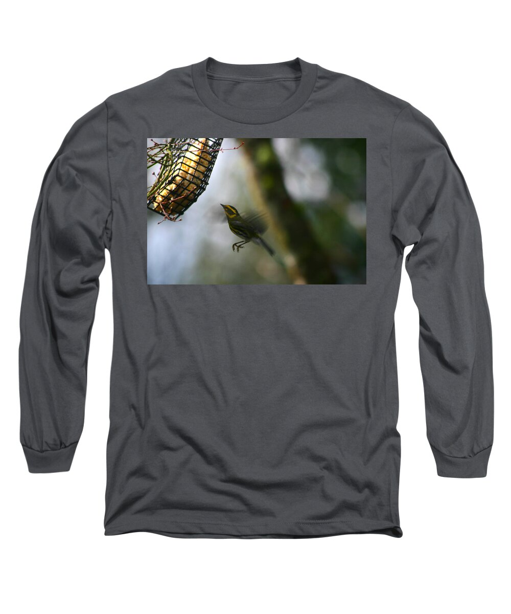 Birds Long Sleeve T-Shirt featuring the photograph Townsend Warbler in Flight by Kym Backland