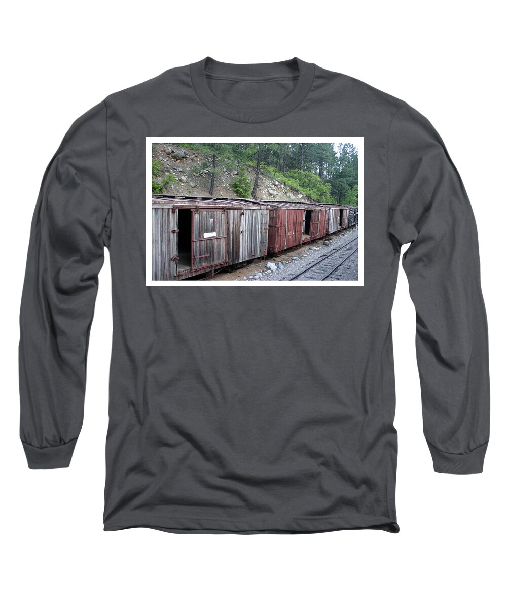 Textured Boxcars Of The Durango-silverton Steam Train Long Sleeve T-Shirt featuring the photograph Weathered box cars by Jack Pumphrey