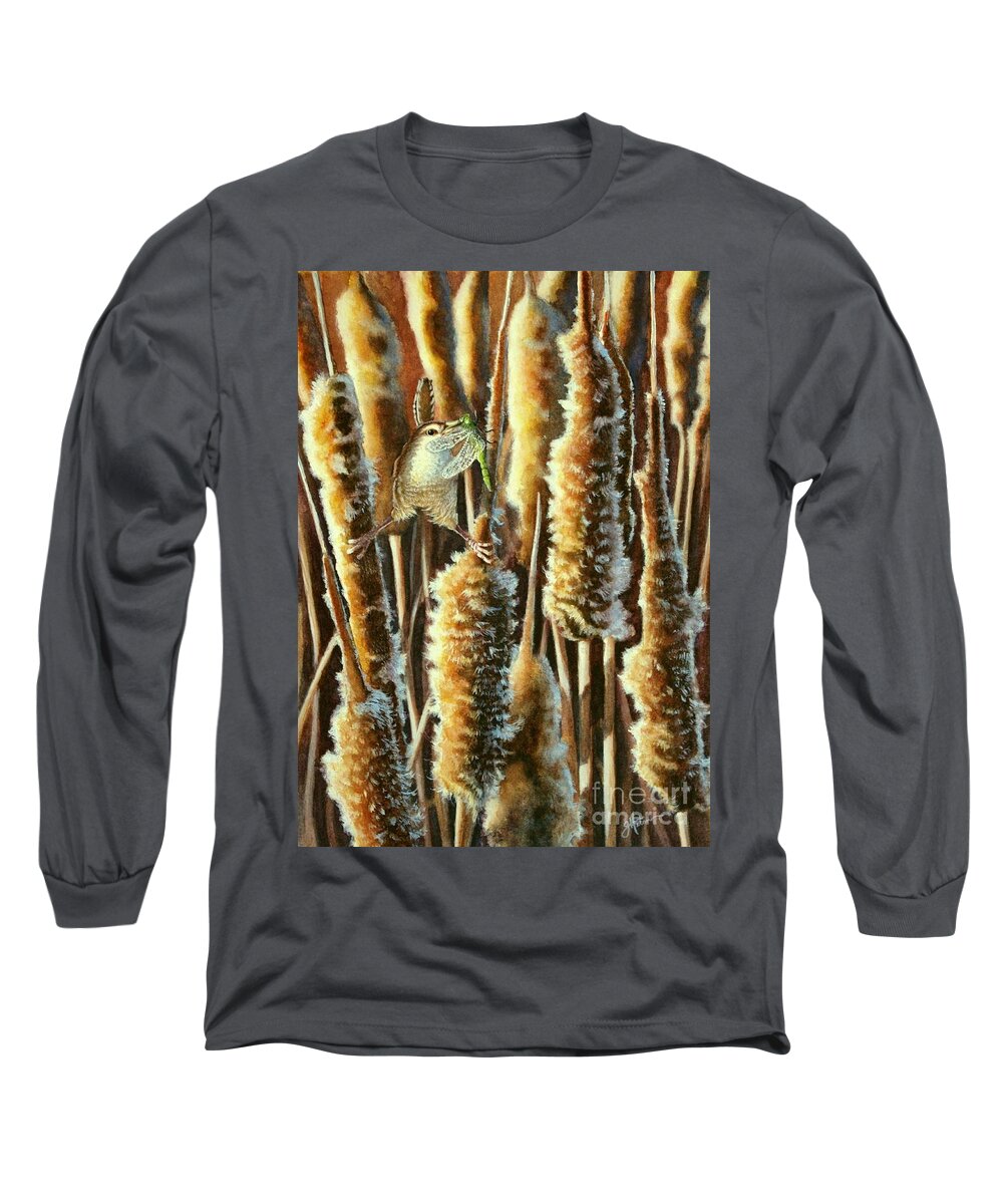 Wren Long Sleeve T-Shirt featuring the painting Wren and Cattails 2 by Greg and Linda Halom