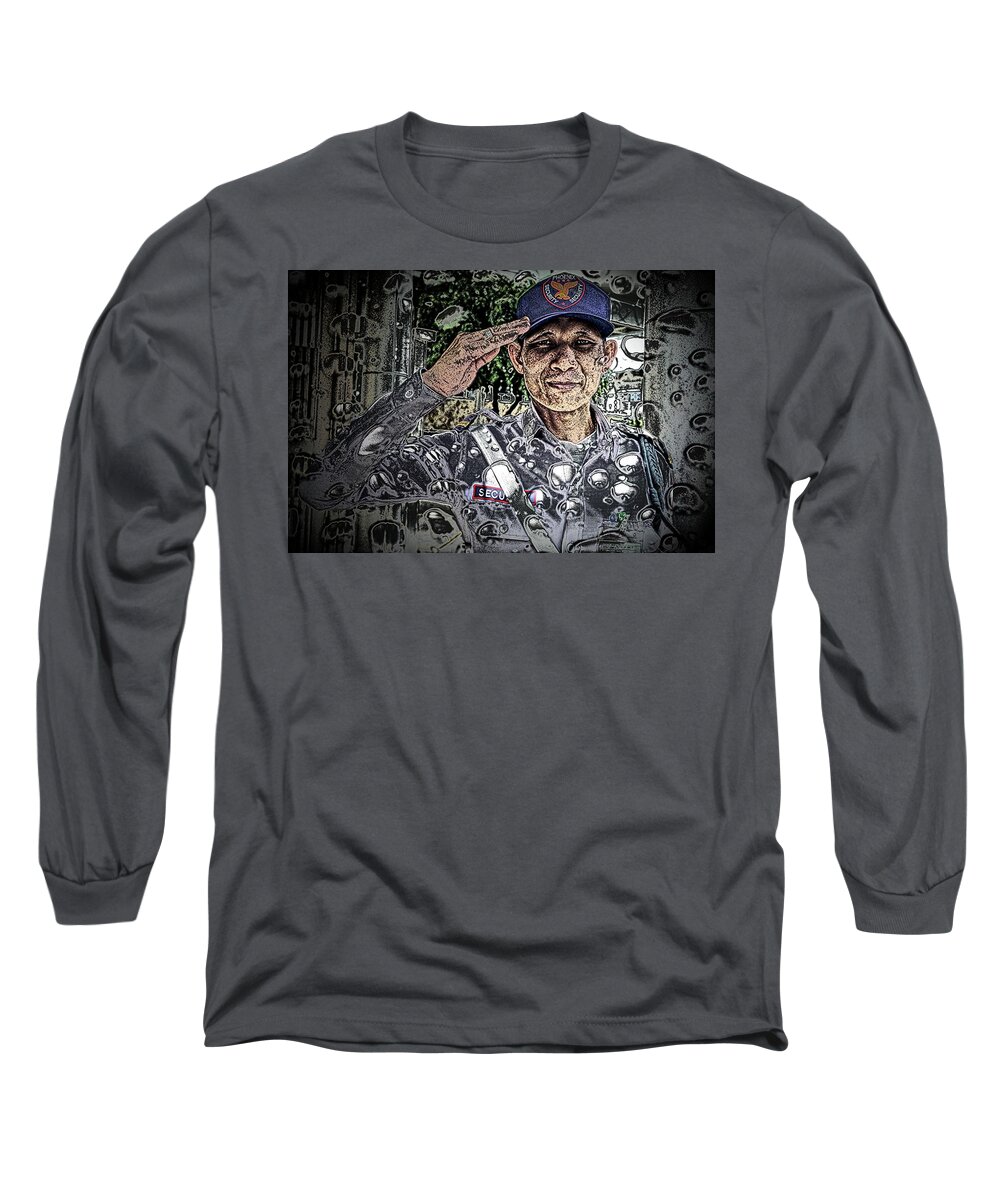 In The Rain Long Sleeve T-Shirt featuring the digital art Bank Security Officer - On a rainy Day by Ian Gledhill
