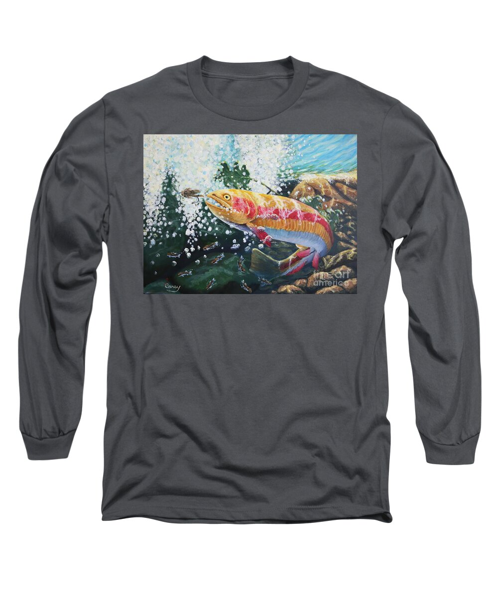 West Virginia. Goldie Trout. Modular Wet Fly. Freshwater. Fishing. Streamers. Mountain Streams. Fishing Paradise. Long Sleeve T-Shirt featuring the painting  Not Your Average Goldfish by Carey MacDonald