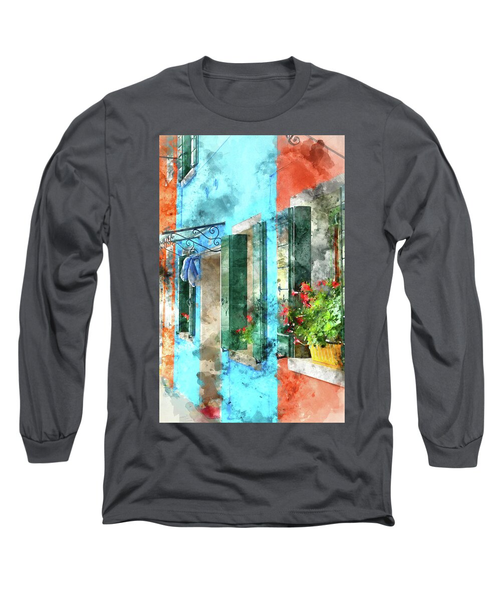 Nobody Long Sleeve T-Shirt featuring the photograph Colorful houses in Burano island Venice Italy #1 by Brandon Bourdages
