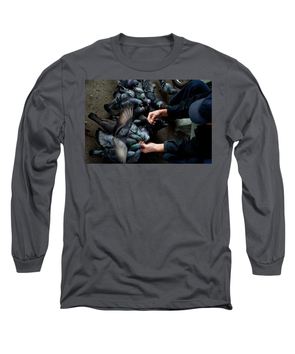 Phenicie Long Sleeve T-Shirt featuring the photograph Feeding the Pigeons #1 by James David Phenicie
