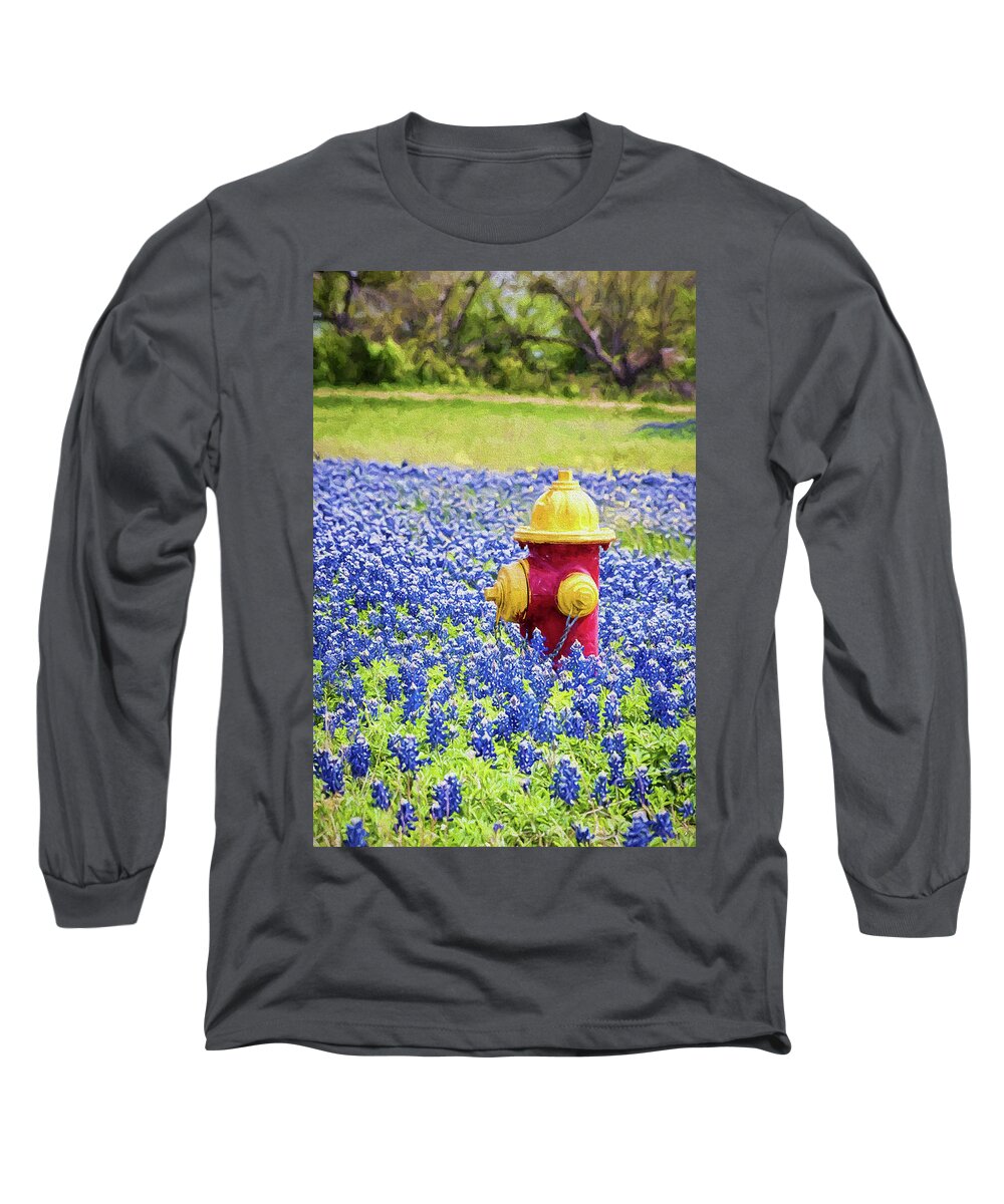 Blue Flowers Long Sleeve T-Shirt featuring the photograph Fire Hydrant in the Bluebonnets #1 by Victor Culpepper