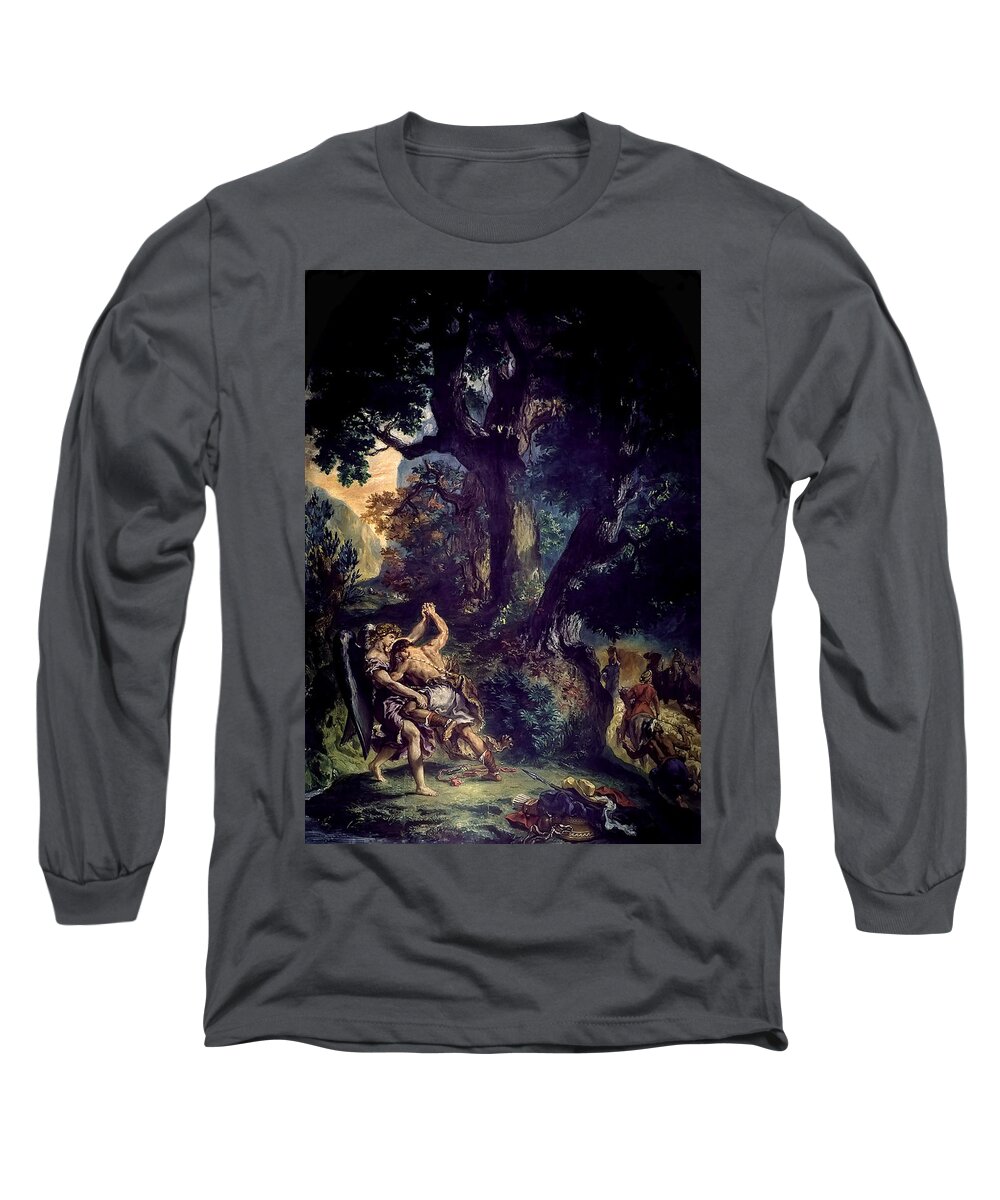 Eugene Delacroix Long Sleeve T-Shirt featuring the painting Jacob Wrestling The Angel by Troy Caperton