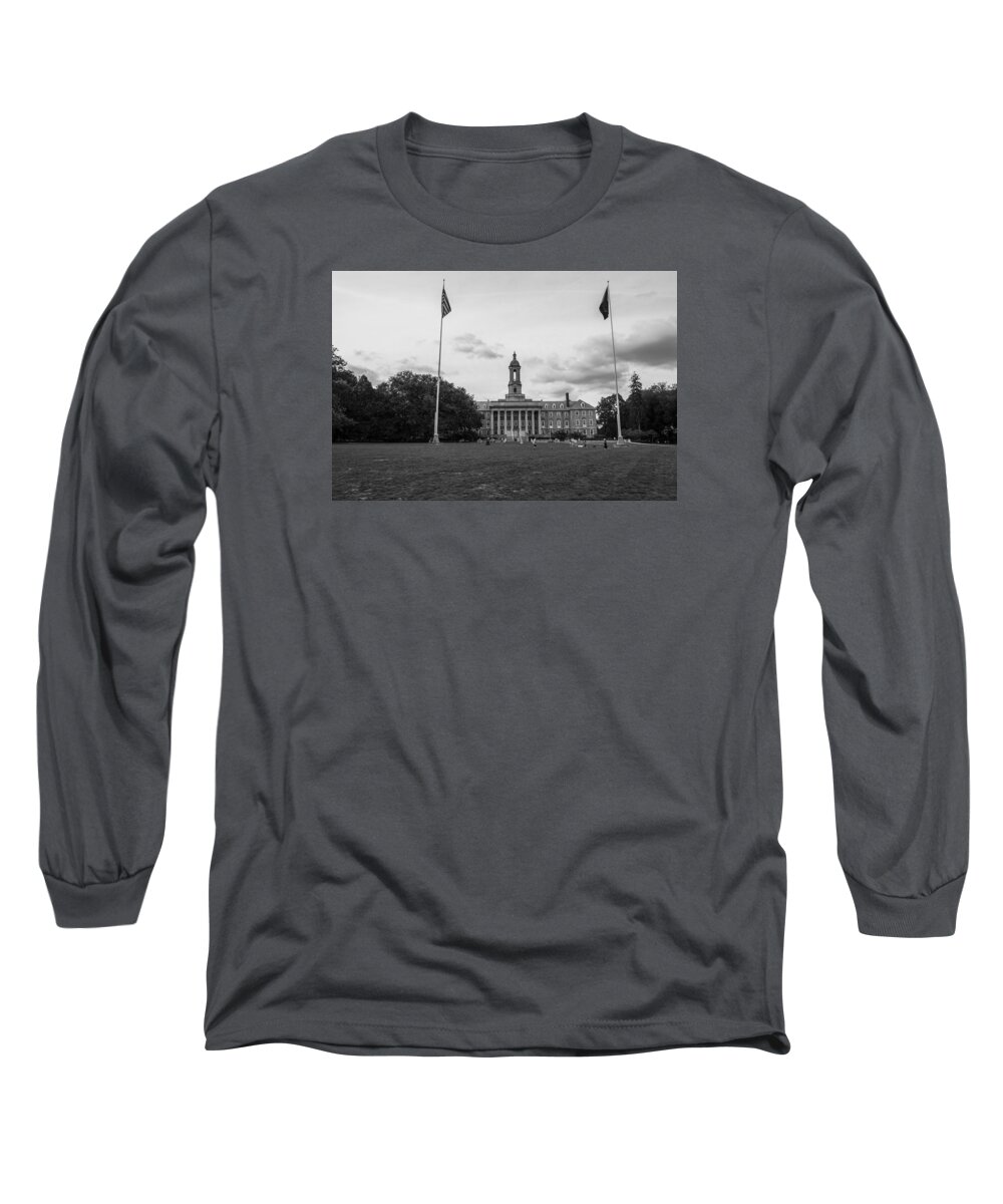 Penn State Long Sleeve T-Shirt featuring the photograph Old Main Penn State Black and White #1 by John McGraw